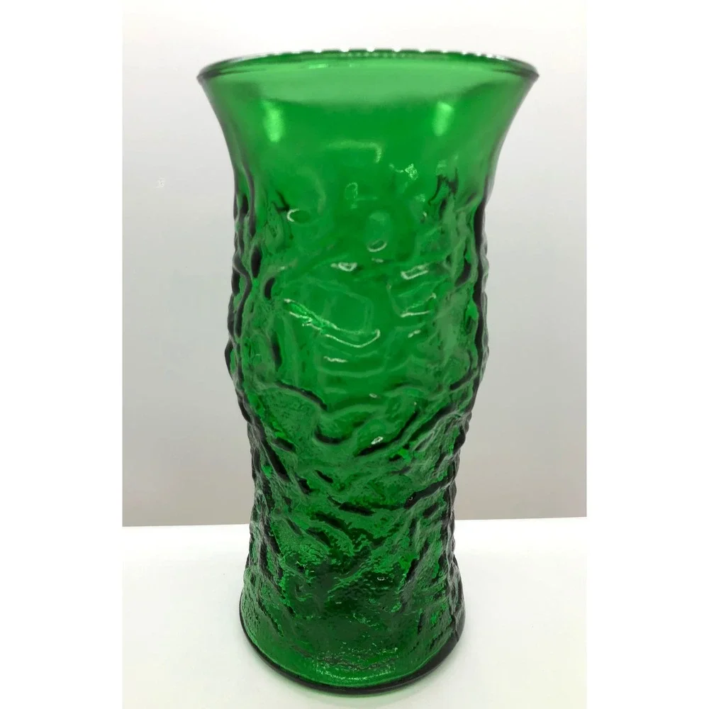 Emerald Green Textured Bark Glass Vase Mid Century Modern Style Flared 9.5 inch